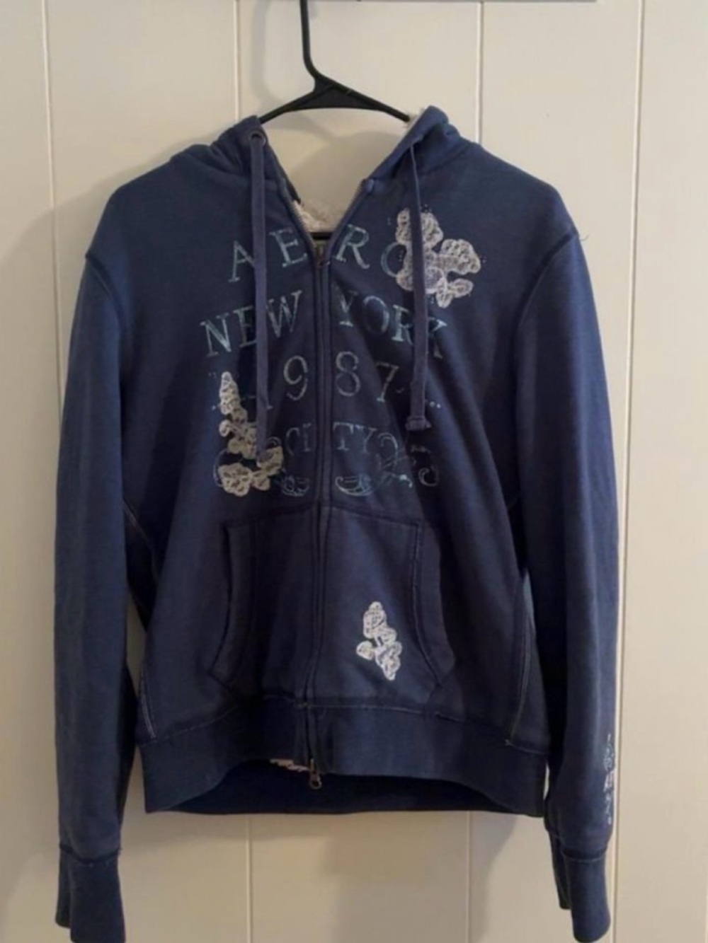 Aeropostale Navy Blue Zip Hoodie with White Butterfly Print